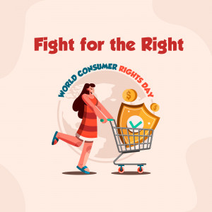 Illustration of a woman pulling a shopping cart with a shield and money, representing consumer rights.