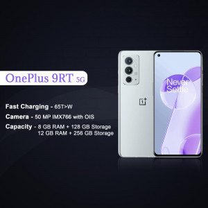 OnePlus 9RT 5G smartphone in silver color with specifications