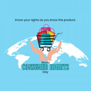 Illustration of hands holding a shopping cart filled with colorful shopping bags over a world map, with text 'Consumer Rights Day'.