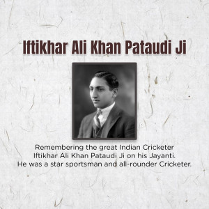 Black and white portrait of Iftikhar Ali Khan Pataudi Ji, a renowned Indian cricketer.