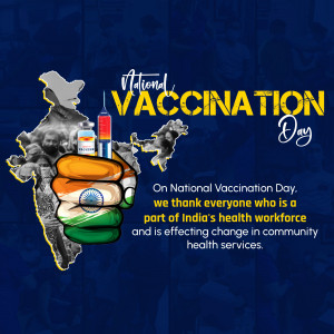 Image depicting National Vaccination Day in India with a map and vaccine vials.