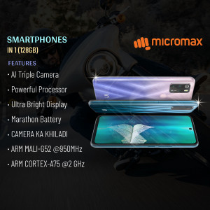 Micromax smartphone advertisement featuring a rider and phone details