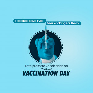 Image promoting vaccination with a syringe and hand in a circle, with text emphasizing the importance of vaccines.
