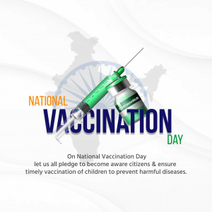National Vaccination Day poster with syringe, vaccine vial, and Indian flag