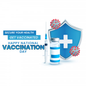 Image promoting vaccination with a syringe, vaccine vial, and shield with a medical cross.