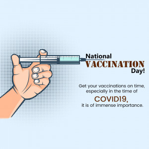 Illustration of a hand holding a syringe with text promoting National Vaccination Day and COVID-19 vaccination.