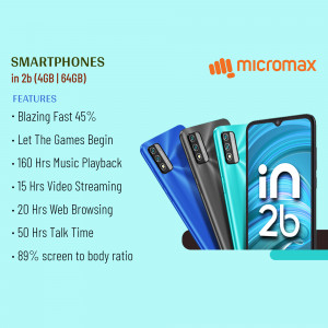 Micromax In 2b smartphone in blue and black colors with key features listed.