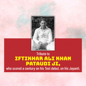 Black and white portrait of Iftikhar Ali Khan Pataudi Ji with a red tribute banner.