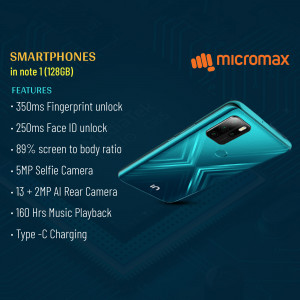 Micromax IN Note 1 smartphone with key features listed