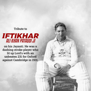 Black and white portrait of Iftikhar Ali Khan Pataudi, a cricket player.