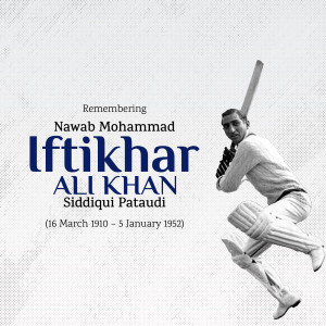 Black and white portrait of Iftikhar Ali Khan Pataudi in cricket attire