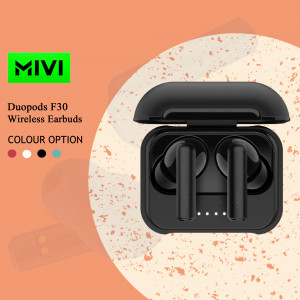 Black Mivi DuoPods F30 wireless earbuds in an open charging case