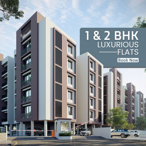Modern apartment building with 1 & 2 BHK flats available for booking.