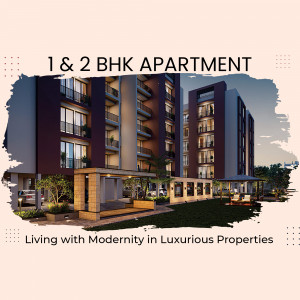 Modern apartment building with landscaped grounds