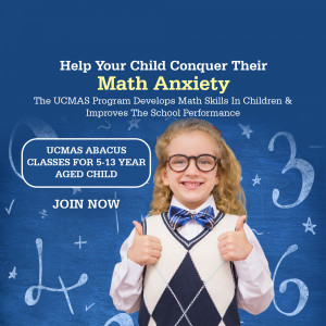 A young girl with glasses giving a thumbs up, promoting UCMAS Abacus classes for children aged 5-13.