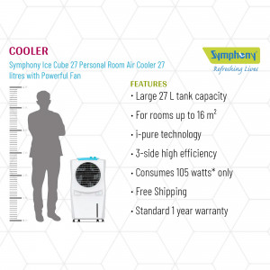 Symphony Ice Cube 27 Personal Room Air Cooler with features listed