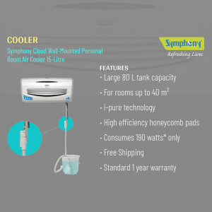Symphony Cloud Wall-Mounted Personal Room Air Cooler 15-Litre