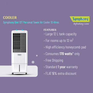 White Symphony Diet 12T Personal Tower Air Cooler with features listed