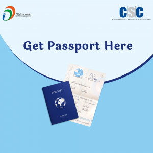 Image showing a passport with Digital India and CSC logos, promoting passport services.