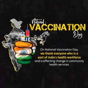 Image depicting National Vaccination Day in India with a hand holding a syringe and vaccine vials over a map of India.
