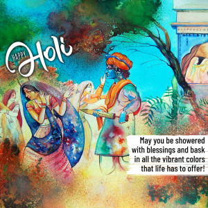 Watercolor painting depicting a Holi celebration with people throwing colored powder.