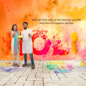 Couple celebrating Holi with colorful powder and a festive background.