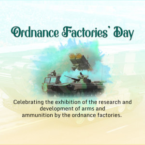 Image commemorating Ordnance Factories Day with tanks and missiles