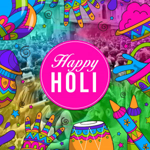 Colorful Happy Holi image with festive elements and people celebrating