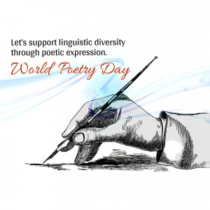 Illustration of a hand writing with a quill pen, celebrating World Poetry Day and linguistic diversity.