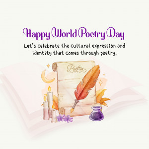 Watercolor illustration for World Poetry Day featuring a scroll, quill, and candles.