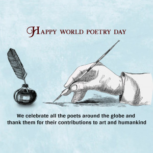 Vintage illustration of a hand writing with a quill and inkwell, celebrating World Poetry Day.