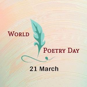 World Poetry Day graphic with a feather and text