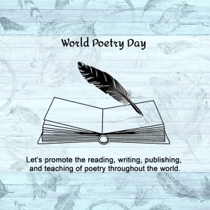 World Poetry Day graphic with a feather quill and open book