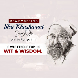 Portrait of Khushwant Singh with text commemorating his Punyathithi