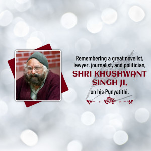 Portrait of Khushwant Singh with text commemorating his Punyathithi