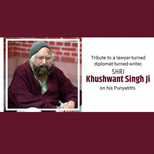 Portrait of Khushwant Singh with text commemorating his Punyathithi