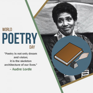 Image commemorating World Poetry Day featuring Audre Lorde and a book with a quill.