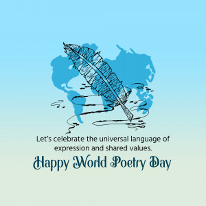 Illustration of a feather and ink with a world map in the background, celebrating World Poetry Day.