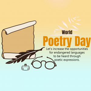 Illustration for World Poetry Day featuring a scroll, quill, ink, glasses, and the text 'World Poetry Day'