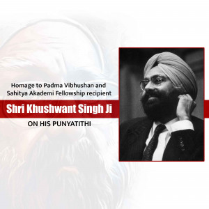 Portrait of Khushwant Singh with text commemorating his Punyathi
