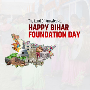 Bihar Foundation Day greeting with map and landmarks