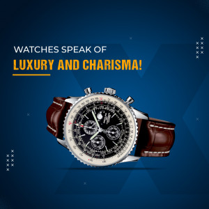 Close-up of a luxury chronograph watch with a brown leather strap against a blue and gray geometric background.