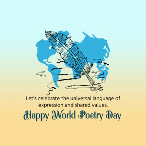 Illustration of a feather and world map with text celebrating World Poetry Day