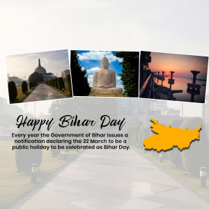 Collage of Bihar landmarks and a map with 'Happy Bihar Day' text