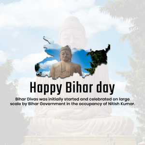 Bihar Diwas celebration with Buddha statue and map of Bihar