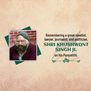 Portrait of Khushwant Singh with text commemorating his Punyatithi