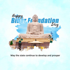 Image depicting a statue of Buddha with a Bihar map and landmarks, celebrating Bihar Foundation Day.