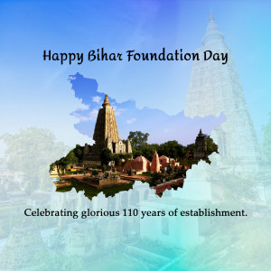 Image celebrating Bihar Foundation Day with Mahabodhi Temple and map of Bihar