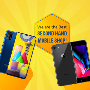 Image of smartphones with text 'We are the Best SECOND HAND MOBILE SHOP!'