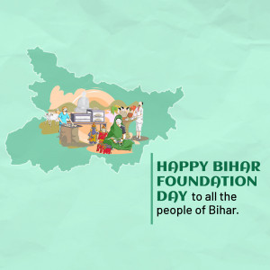 Illustration of Bihar map with cultural elements and text 'Happy Bihar Foundation Day'